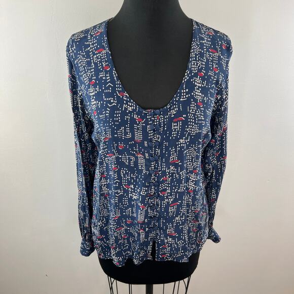 Winter Kale Blue Printed Vintage Silk Button-Up Long Sleeve Scoop Blouse Top S - Picture 2 of 9
